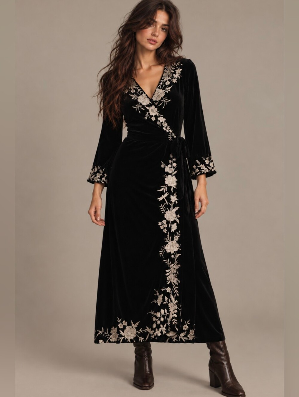 Johnny Was Erith Black Velvet Wrap Dress Black Silk Blend Embroidered Size XXL